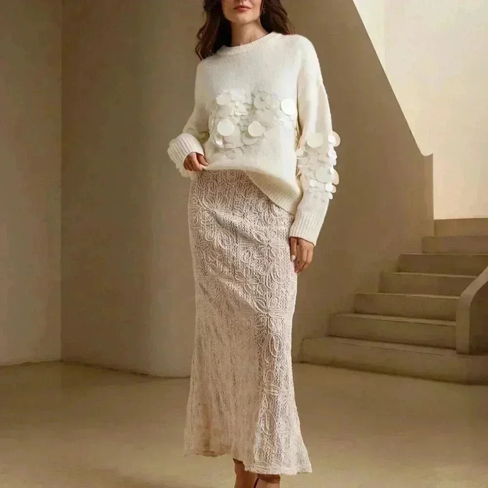Apricot Casual Women's Handmade Beaded & Sequined Delicate Pullover Sweater
